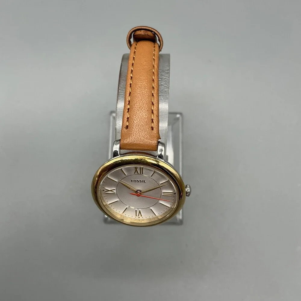 Fossil ES3791 Womens Watch 27mm Silver Dial Gold Tone Brown Leather New Battery